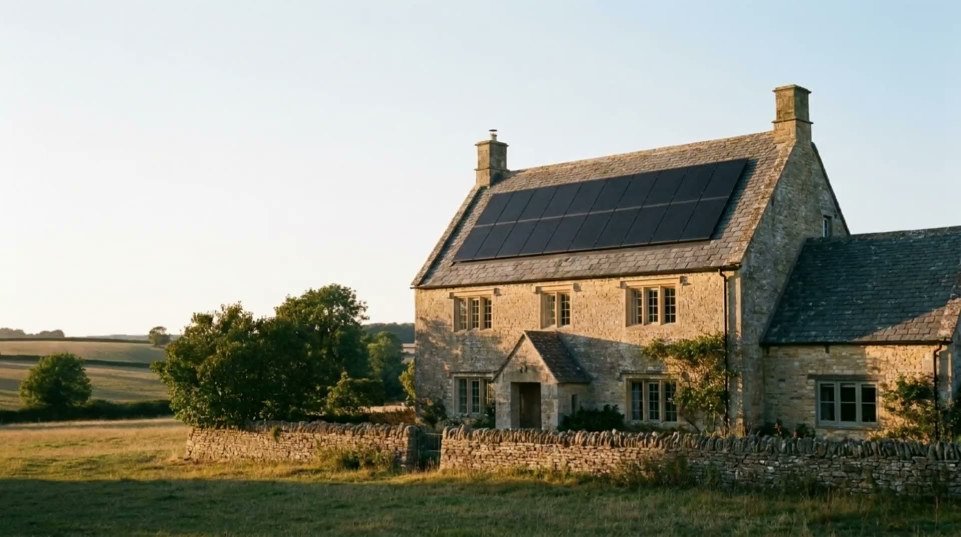 A period stone farmhouse in open countryside with solar panels on its roof, in low golden-hour light